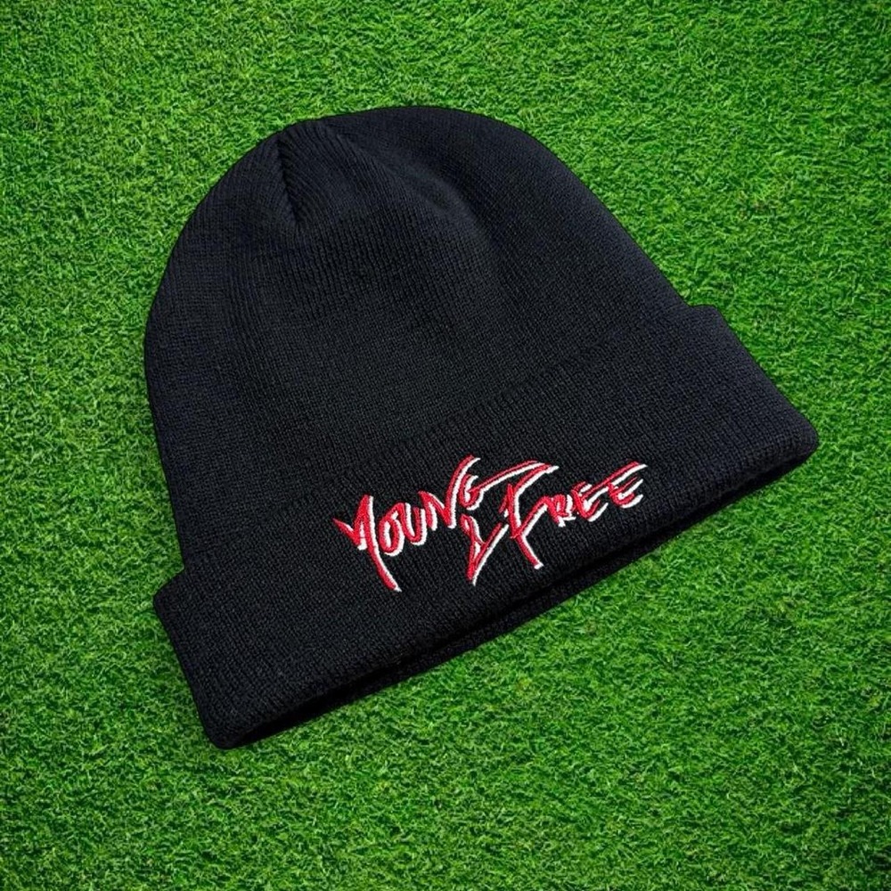 K-UP Young & Free Embroidered Knit Beanie Black Red Y2K Streetwear Hat Mens OS